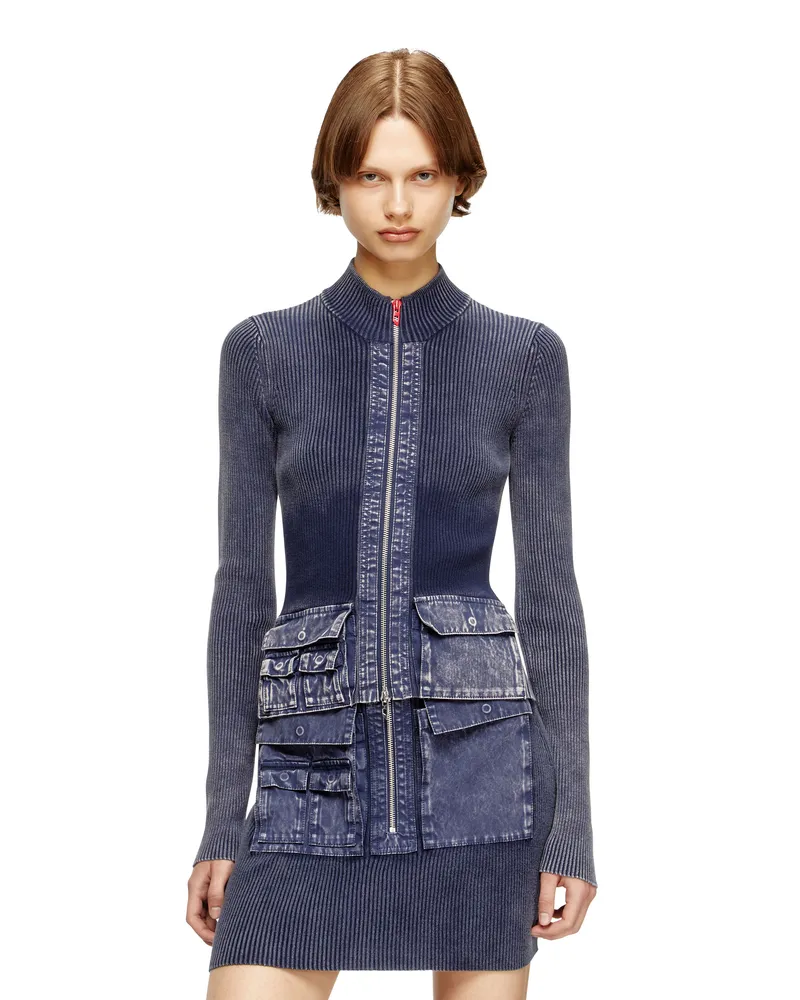 Diesel Cardigan mit Reißverschluss und Cargotaschen aus Denim - Strickwaren - Damen - Blau Blau