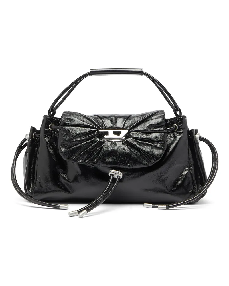 Diesel Scrunch-D - Top-Handle-Tasche aus glänzendem Leder mit Falten - Handtaschen - Damen - Schwarz Schwarz
