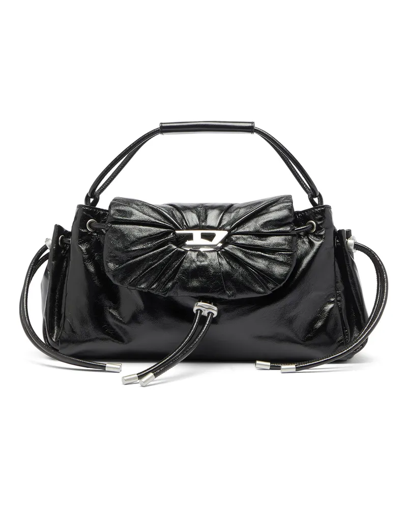 Diesel Scrunch-D - Top-Handle-Tasche aus glänzendem Leder mit Falten - Handtaschen - Damen - Schwarz Schwarz