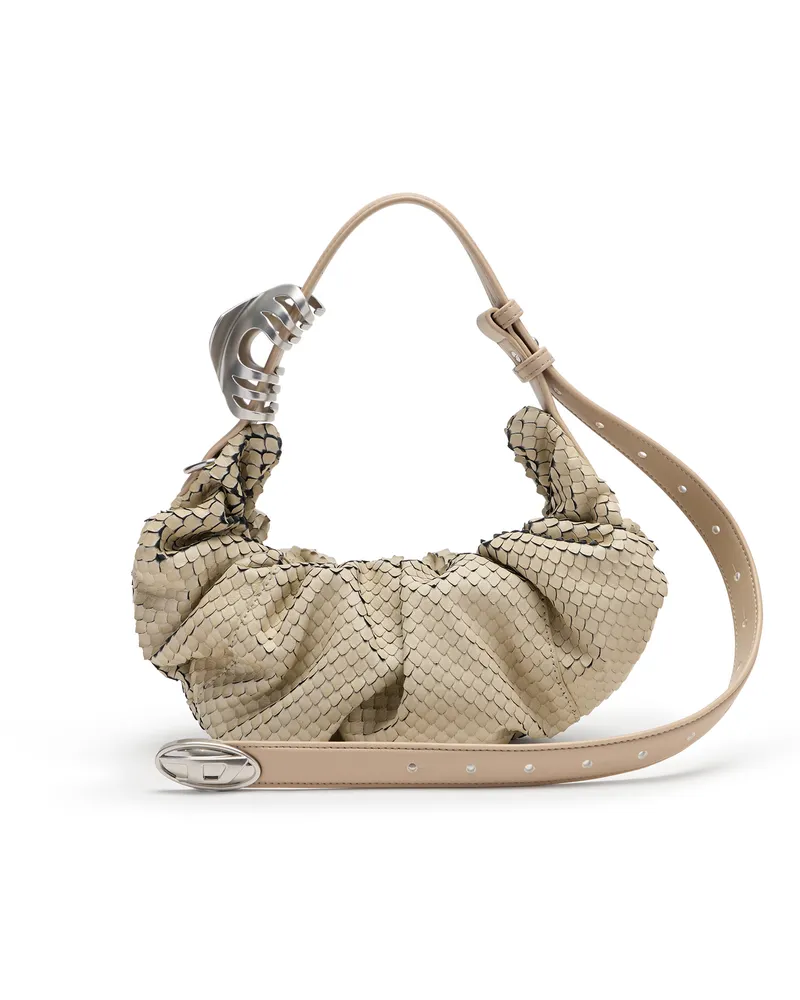 Diesel Grab-D-Scrunched Hobo-Tasche aus Leder in Schlangenoptik - Schultertaschen - Damen - Beige Beige
