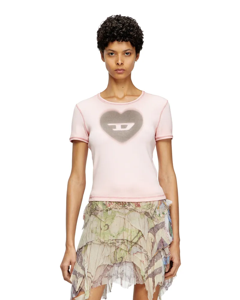 Diesel Geripptes T-Shirt mit Herz D-Wasserfarbe-Effekt - T-Shirts - Damen - Rosa Rosa