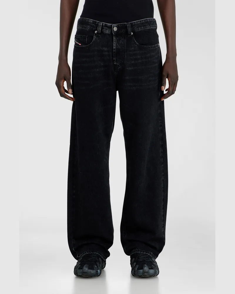 Diesel Relaxed Jeans Low Waist 2001 D-Macro, Schwarz/Dunkelgrau, Knopfverschluss Schwarz