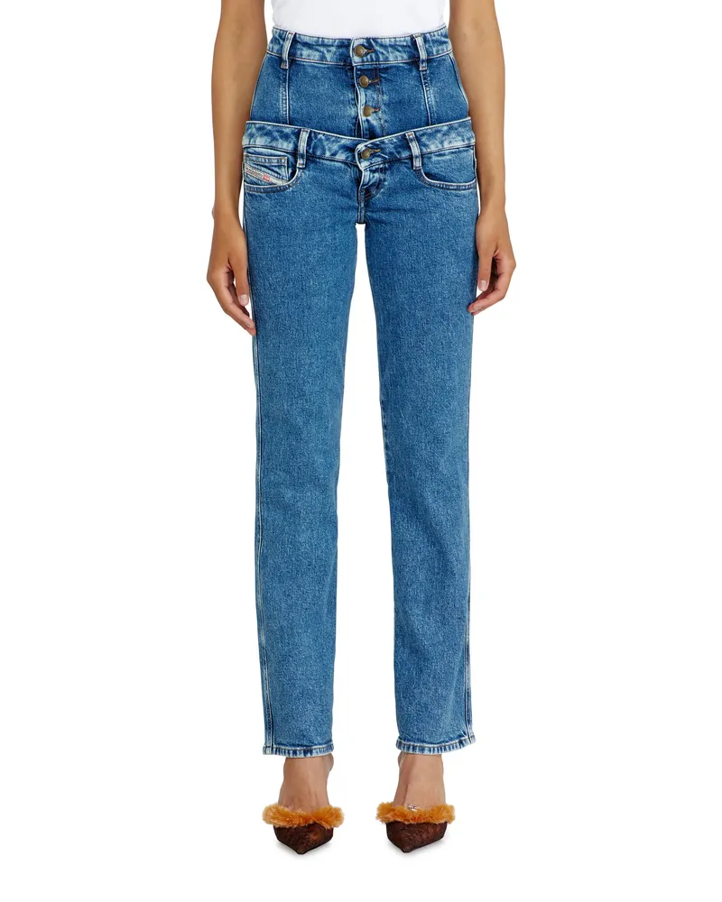 Diesel Slim Jeans High Waist D-Fynora, Mittelblau, Reißverschluss Blau