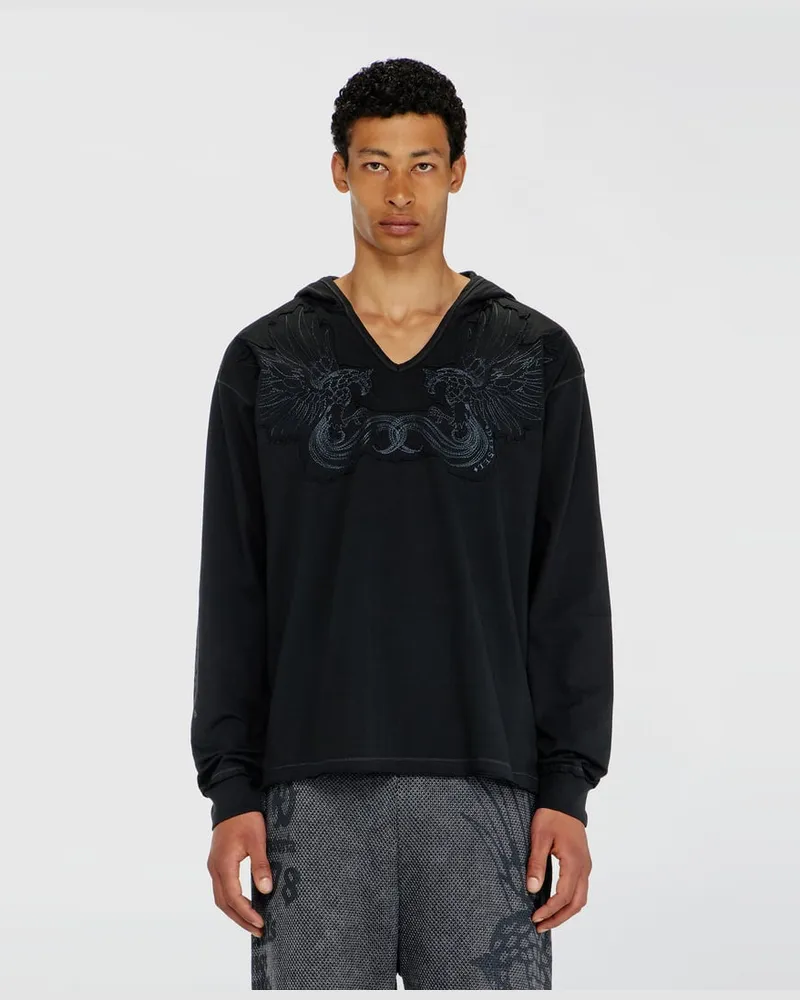 Diesel Kapuzenpullover mit V-Ausschnitt und Stickerei vorn - T-Shirts - Herren - Schwarz Schwarz