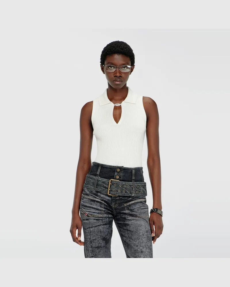 Diesel Ärmelloses Polo-Top aus Rippstrick mit Seidenmix - T-Shirts - Damen - Weiss Weiss