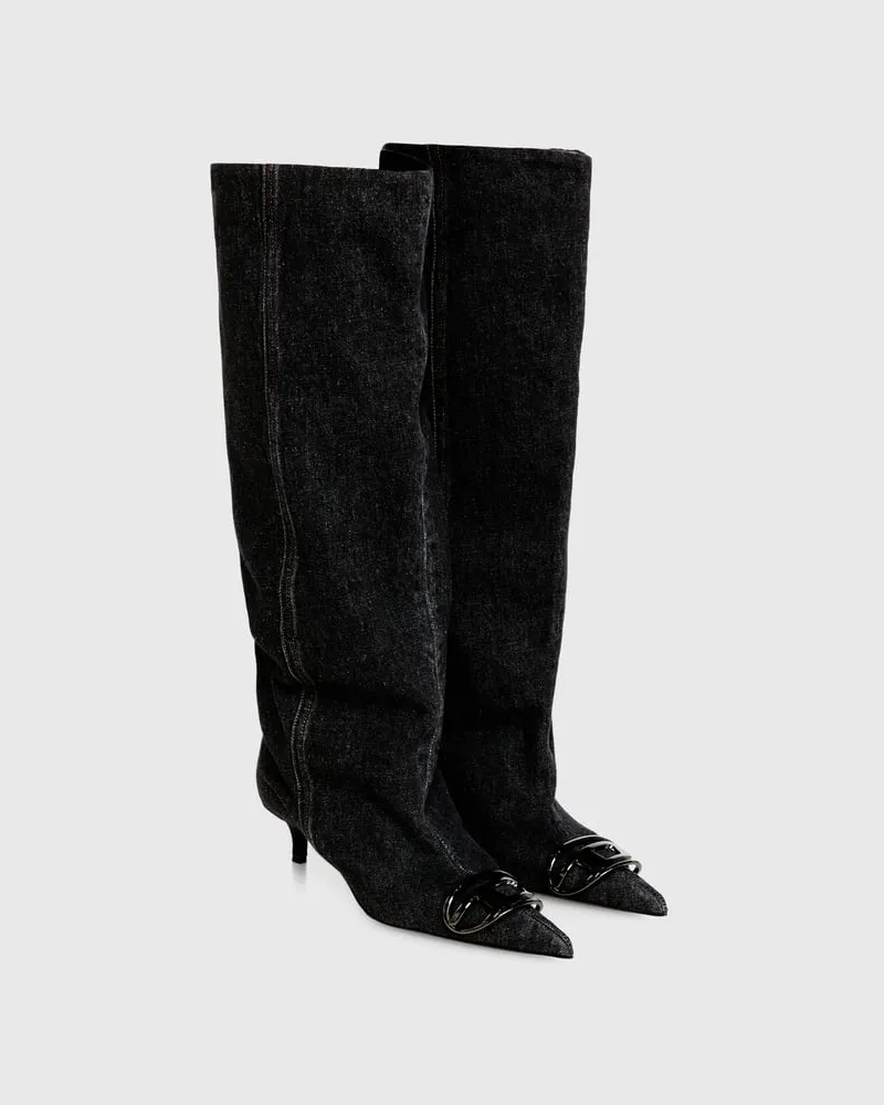Diesel D-Venus - Stiefel mit weitem Schaft aus Denim, knielang - Stiefel - Damen - Schwarz Schwarz