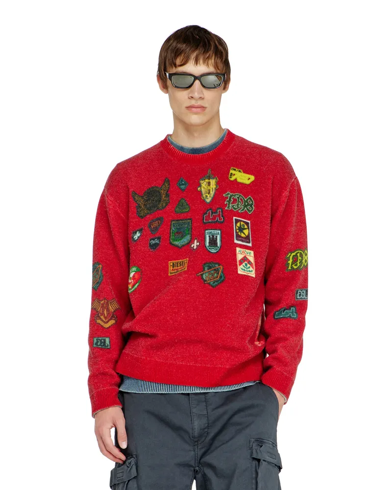Diesel Wollpullover mit bedruckten patches - Strickwaren - Herren - Rot Rot