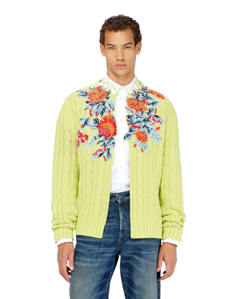 Diesel Offener Cardigan aus floraler Zopfmusterstrick - Strickwaren - Herren - Grün Grün