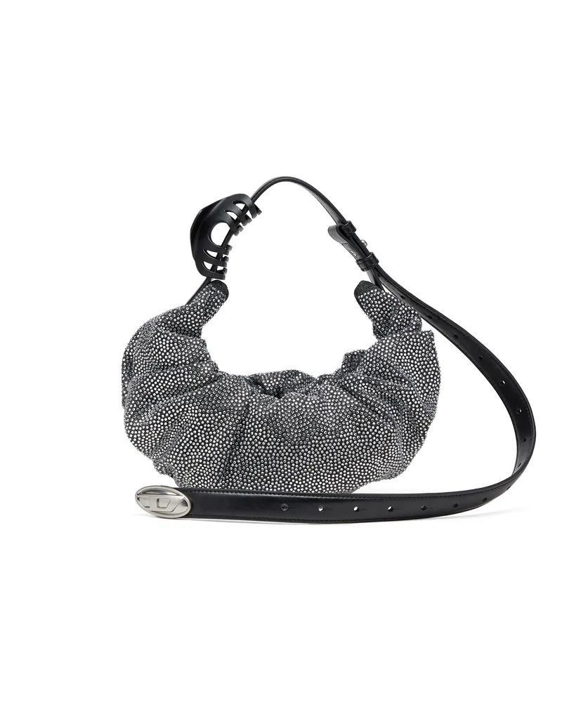 Diesel Kleine zerknitterte Hobo-Tasche aus Crystal Denim - Schultertaschen - Damen - Schwarz Schwarz