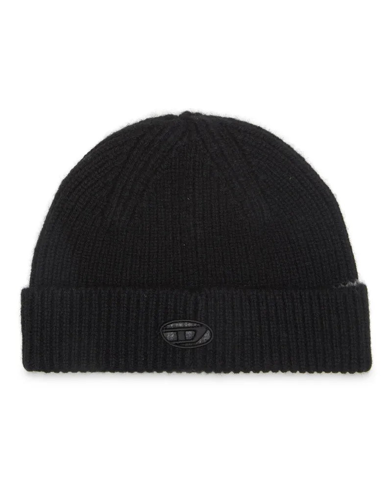 Diesel Gerippte Beanie-Mütze mit Oval D-Ausschnitt - Mützen - Unisex - Schwarz Schwarz
