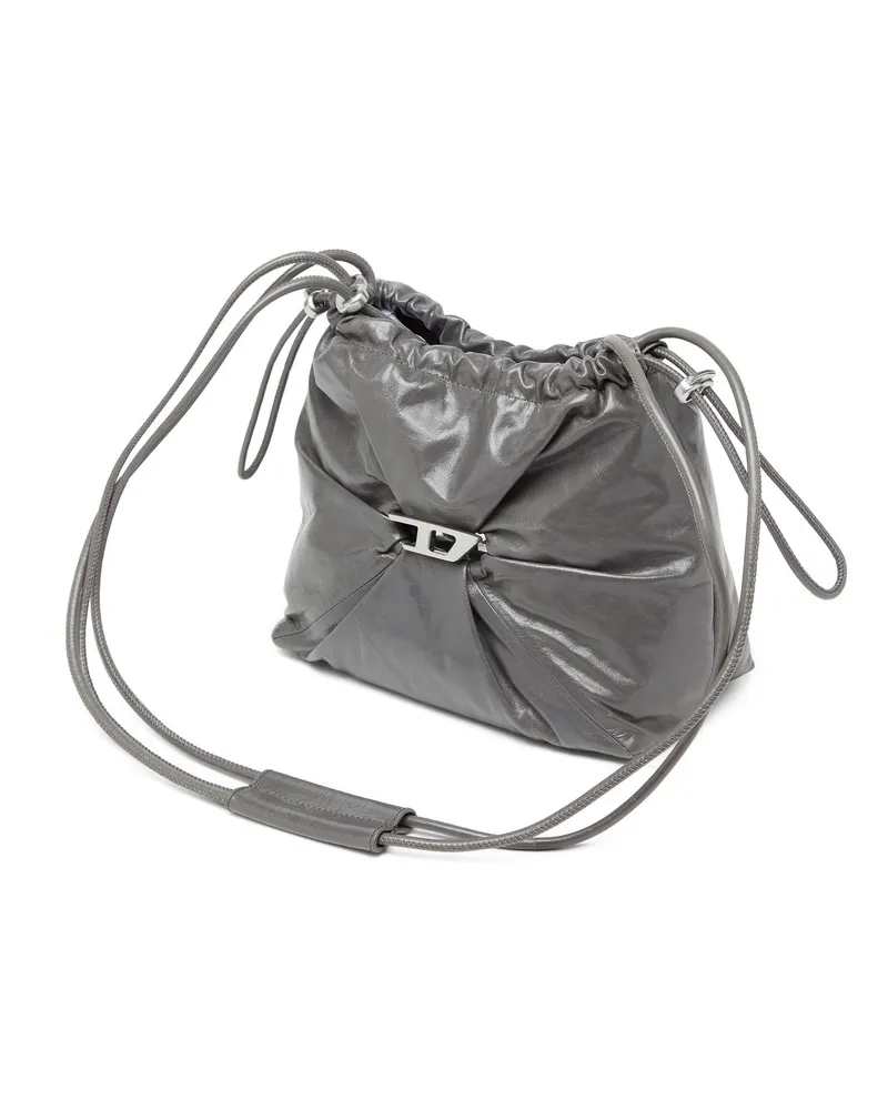 Diesel Scrunch-D-Beuteltasche aus glänzendem zerknittertem Leder - Schultertaschen - Damen - Grau Grau