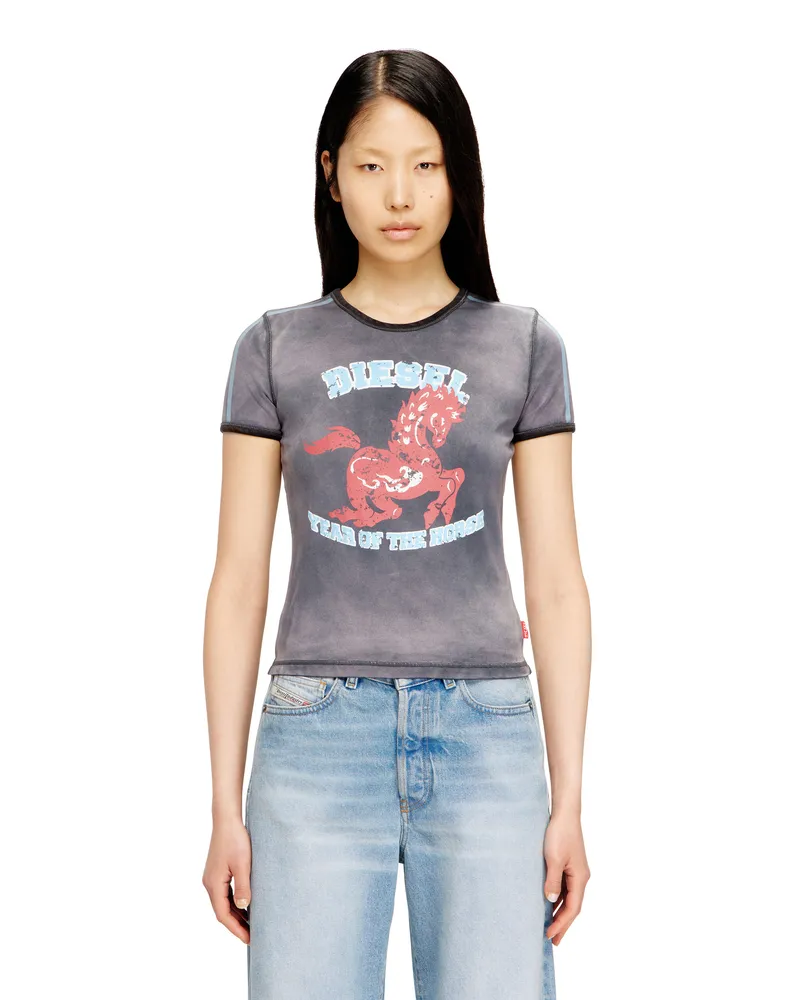 Diesel Baumwoll-Stretch-T-Shirt mit Pferde-Print - Oberteile - Damen - Schwarz Schwarz