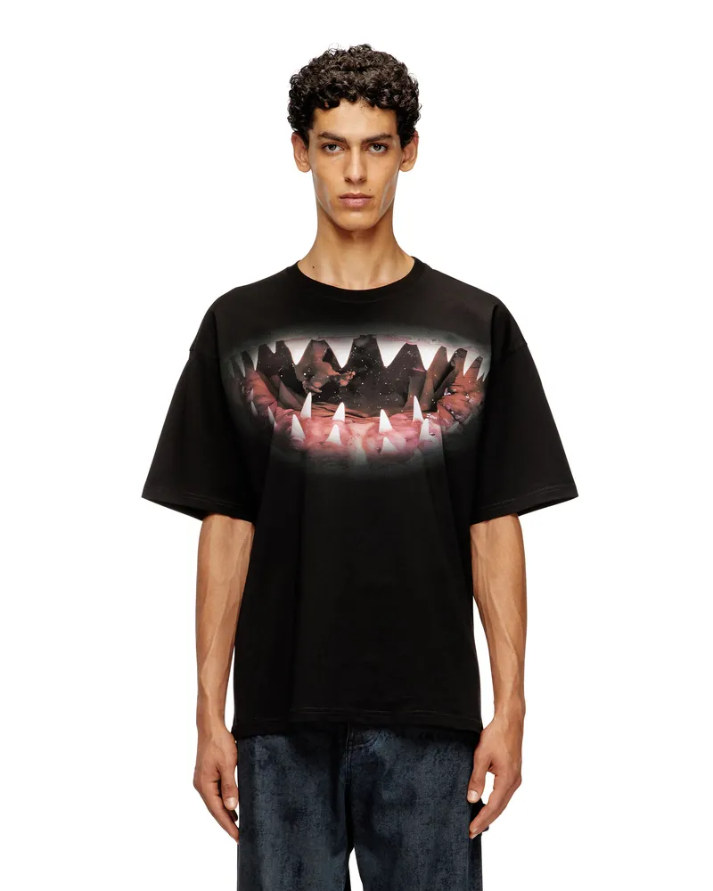 Diesel Baumwoll-T-Shirt mit Haifischmaul-Print - T-Shirts - Herren - Schwarz Schwarz