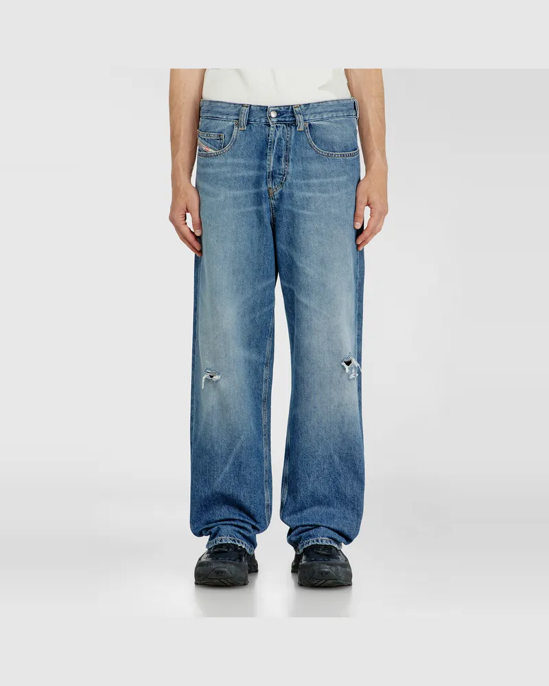 Diesel Relaxed Jeans Low Waist 2001 D-Macro, Mittelblau, Knopfverschluss Blau