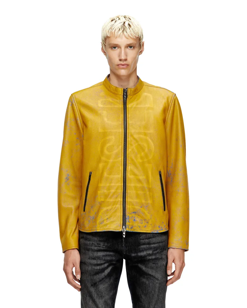 Diesel Behandelte Bikerjacke aus Leder mit verblasstem Logo - Lederjacken - Herren - Gelb Gelb