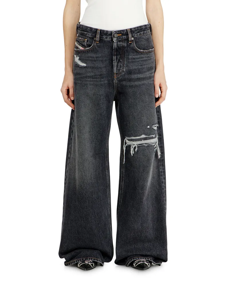 Diesel Relaxed Jeans Low Waist 1996 D-Sire, Schwarz/Dunkelgrau, Knopfverschluss Schwarz