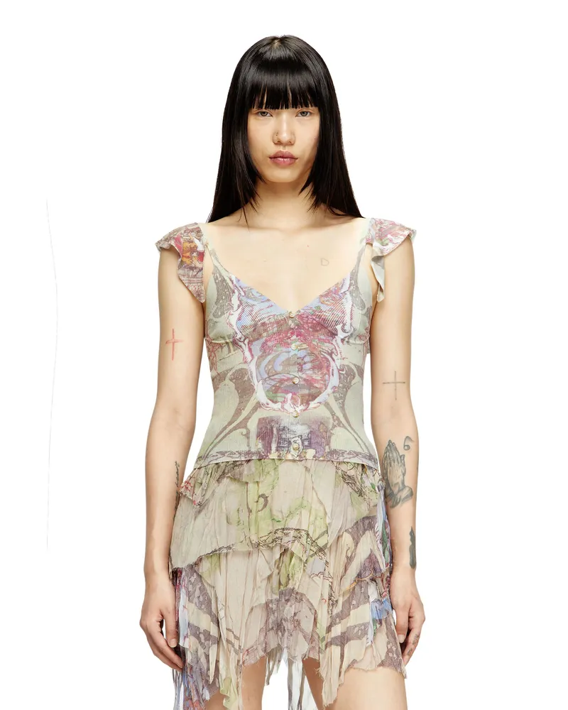 Diesel Stricktop mit gerüschten Schultern und mittelalterlichem Print - Strickwaren - Damen - Beige Beige