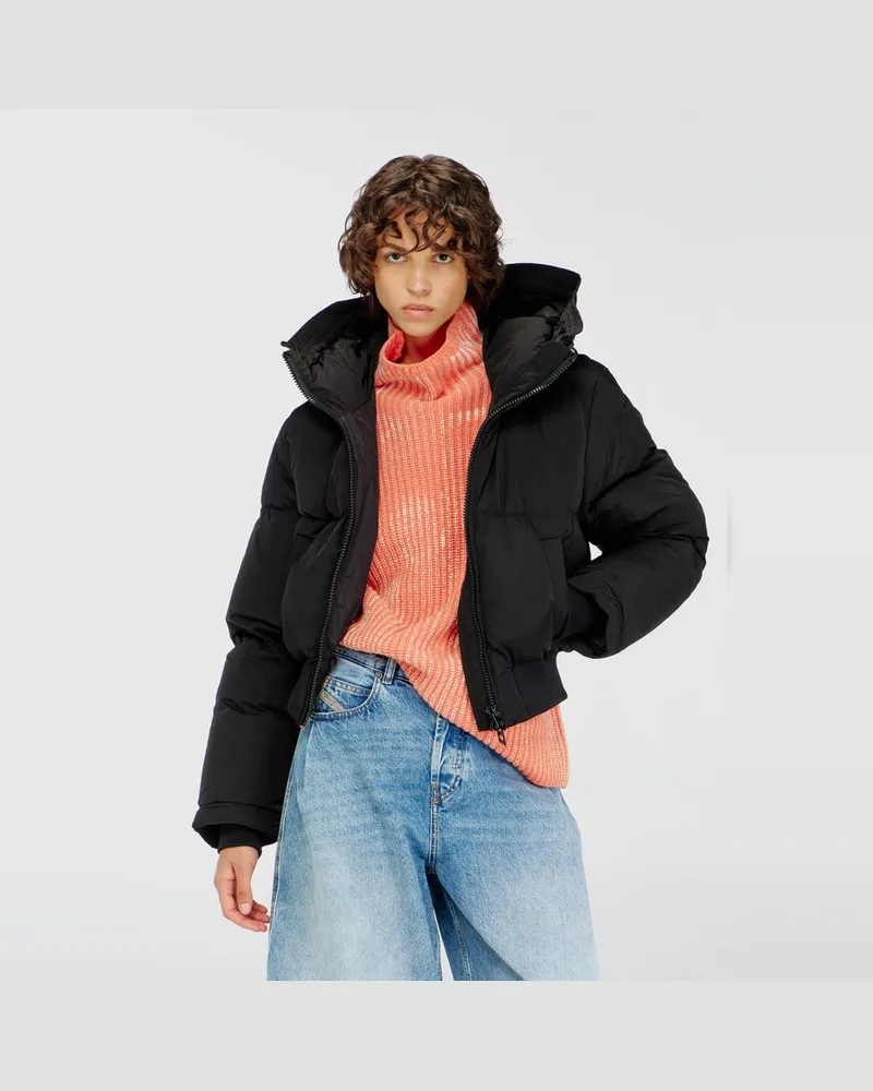 Diesel Daunenjacke mit Kapuze aus Nylon in Knitter-Optik - Winterjacken - Damen - Schwarz Schwarz