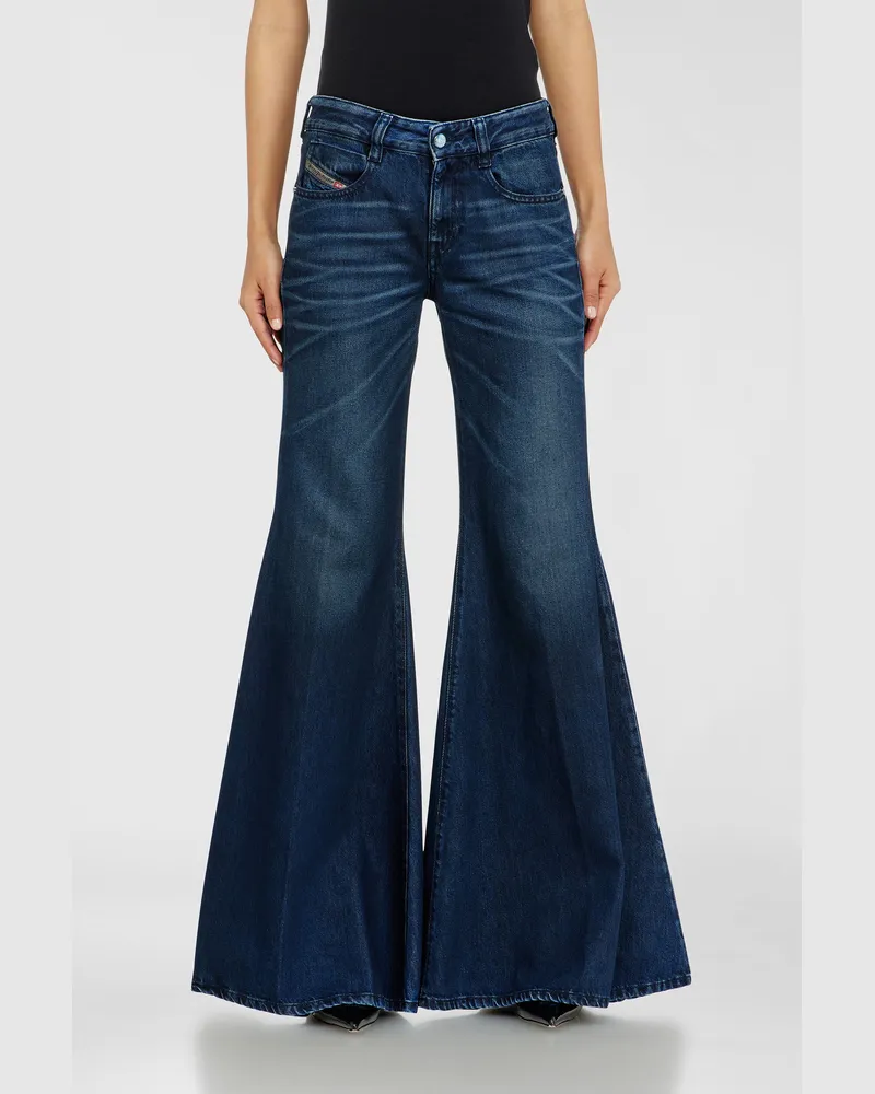 Diesel Flare Jeans Low Waist 1970 D-Bleess, Schwarz/Dunkelgrau, Reißverschluss Blau