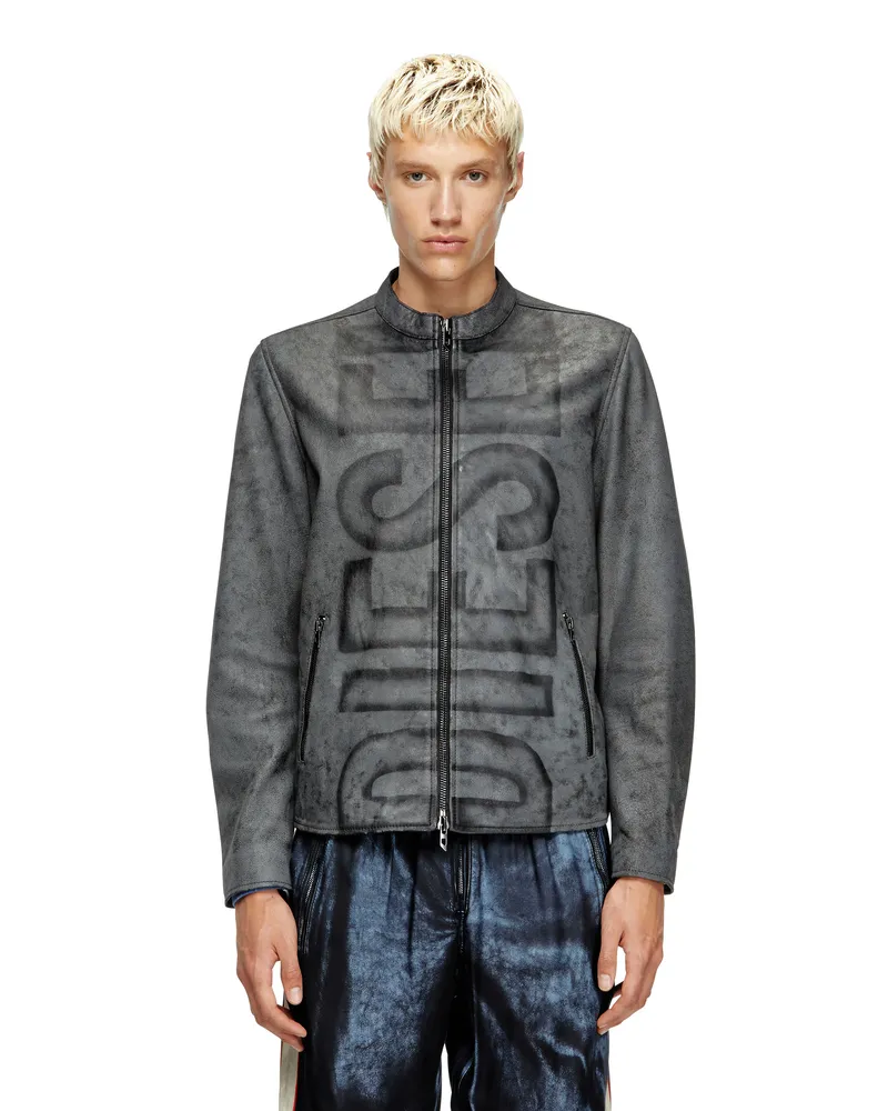 Diesel Behandelte Bikerjacke aus Leder mit verblasstem Logo - Lederjacken - Herren - Grau Grau