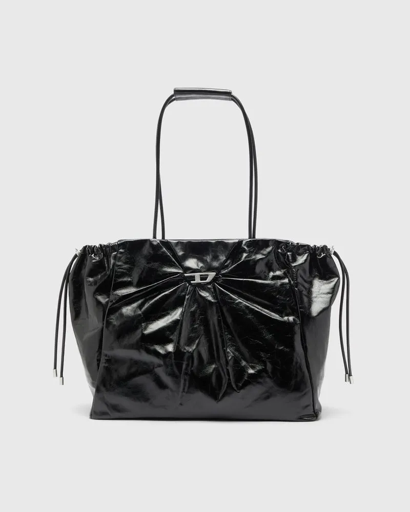 Diesel Scrunch-D - Tote-Bag aus glänzendem, geknittertem Leder - Shoppers - Damen - Schwarz Schwarz
