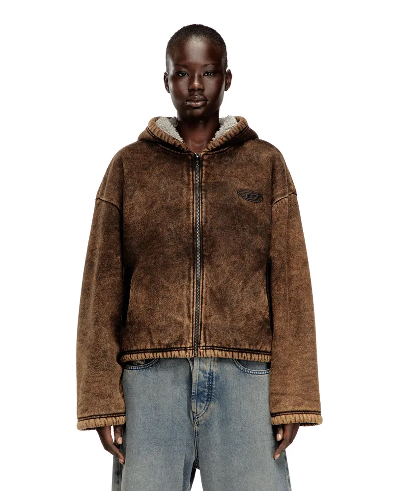 Diesel Acid-Wash-Kapuzenjacke mit Teddyfutter und Reißverschluss - Sweatshirts - Damen - Braun Braun