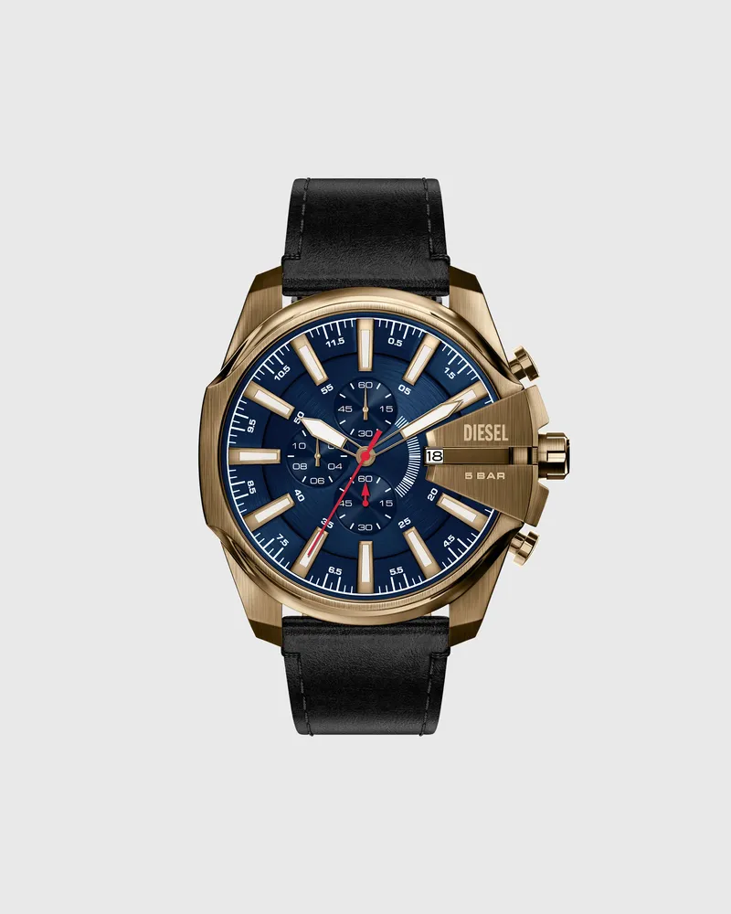 Diesel Mega Chief Slim Uhr mit schwarzem Lederarmband in Altgoldoptik - Uhren - Herren - Schwarz Schwarz
