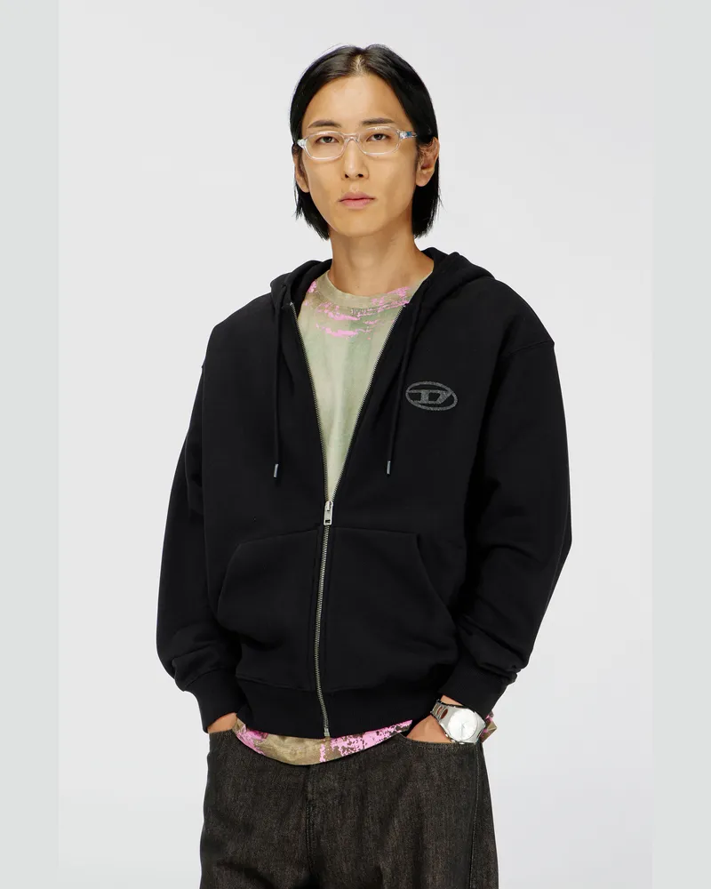 Diesel Hoodie aus Baumwolle mit tonalem Oval D Logo-Stickerei - Sweatshirts - Herren - Schwarz Schwarz