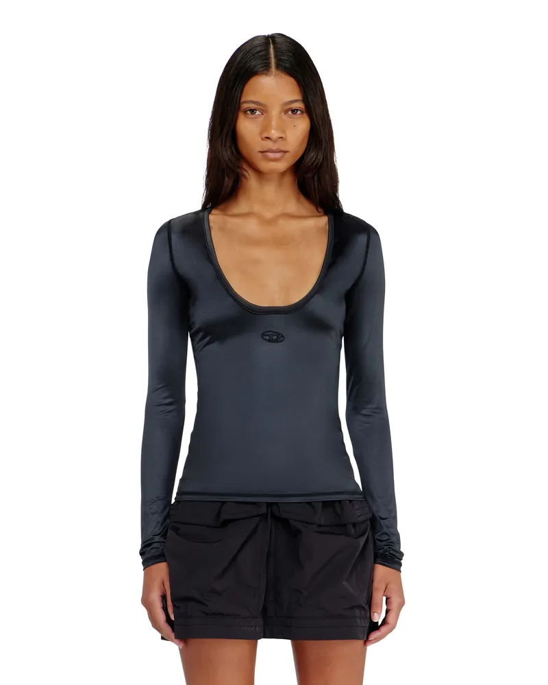 Diesel Nylon slim top mit Rundhalsausschnitt und Logo Oval D Stickerei - Oberteile - Damen - Schwarz Schwarz