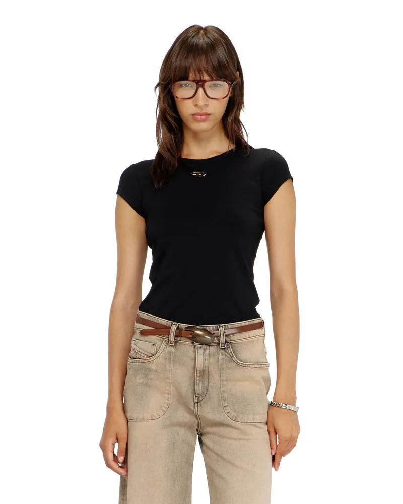 Diesel T-Shirt mit ausgeschnittenem, besticktem Logo - T-Shirts - Damen - Schwarz Schwarz