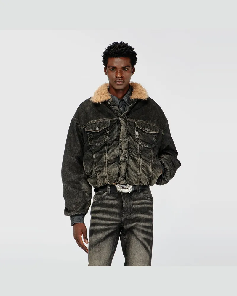 Diesel Truckerjacke mit Teddyfutter aus Denim mit Used-Effekt - Denim jacken - Unisex - Schwarz Schwarz
