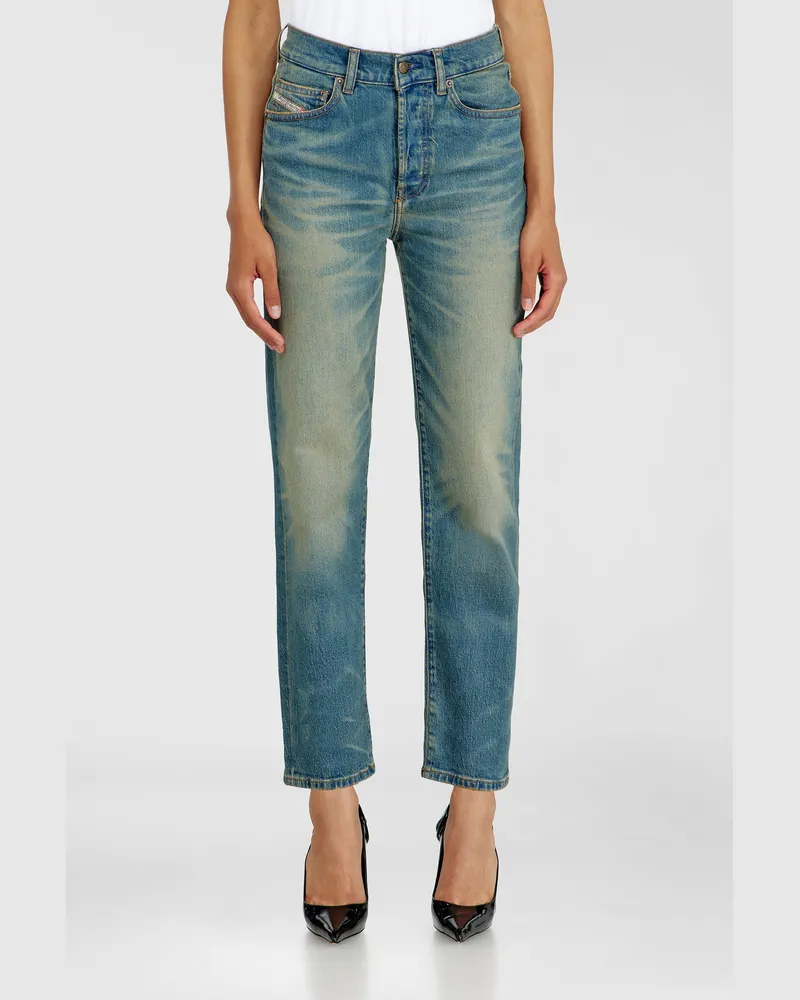 Diesel Regular Jeans High Waist 1981 D-Went, Mittelblau, Knopfverschluss Blau