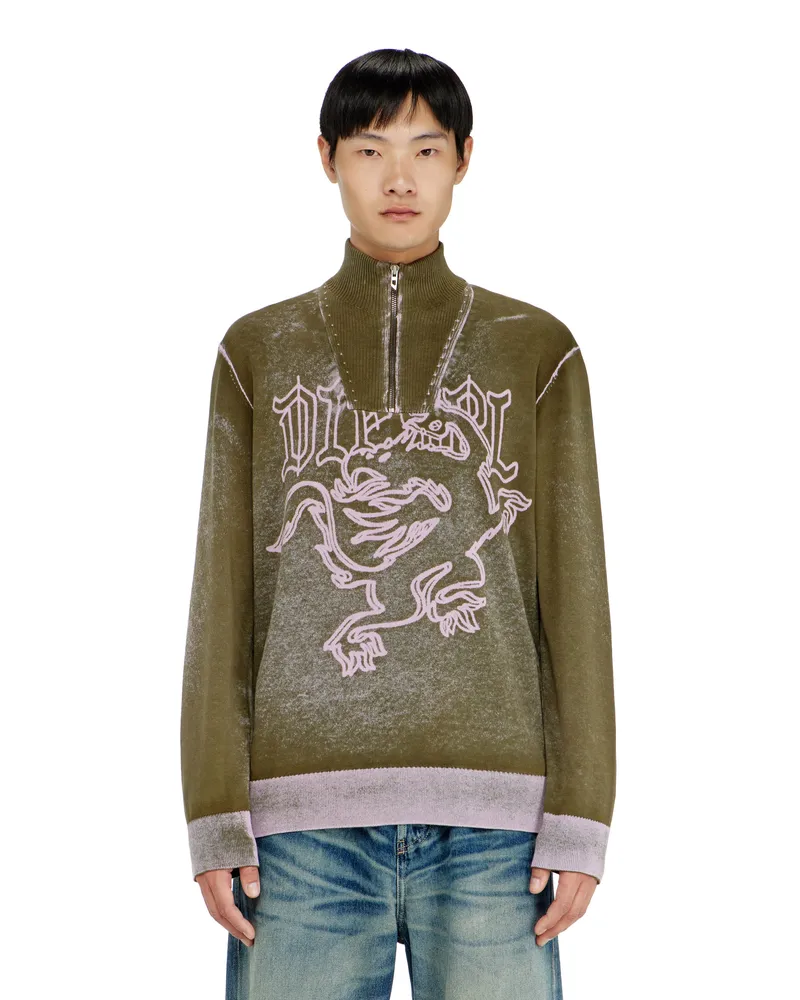 Diesel Behandelter Half-zip-Pullover mit griffin-Motiv - Strickwaren - Herren - Grün Grün