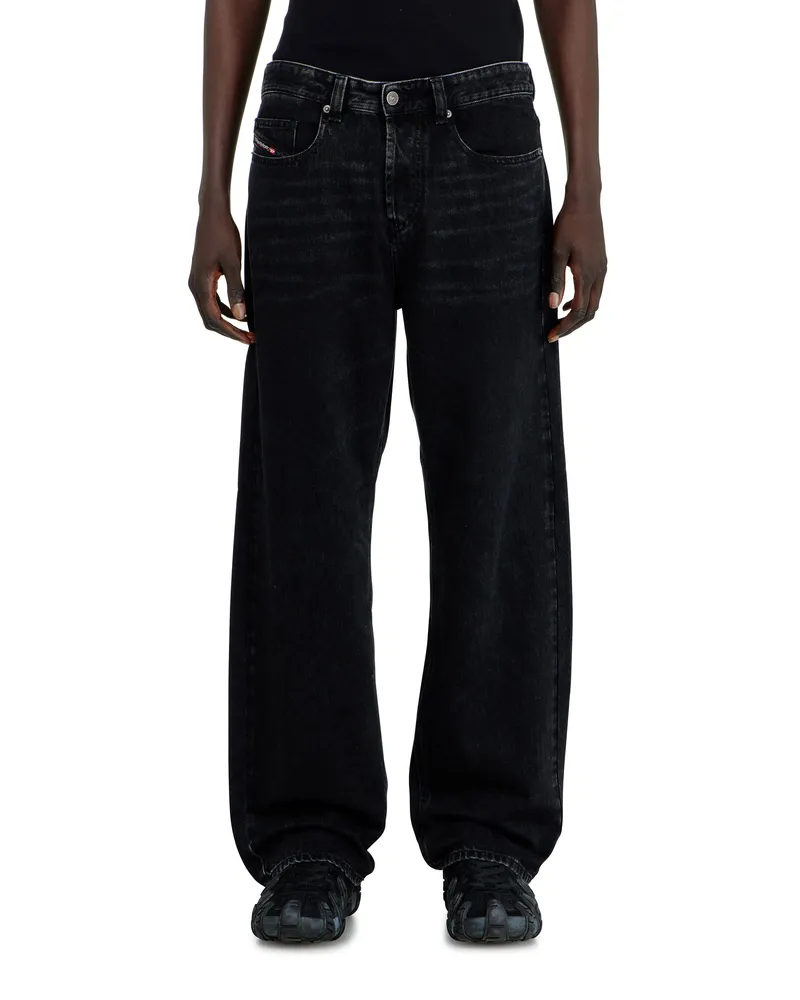 Diesel Relaxed Jeans Low Waist 2001 D-Macro, Schwarz/Dunkelgrau, Knopfverschluss Schwarz