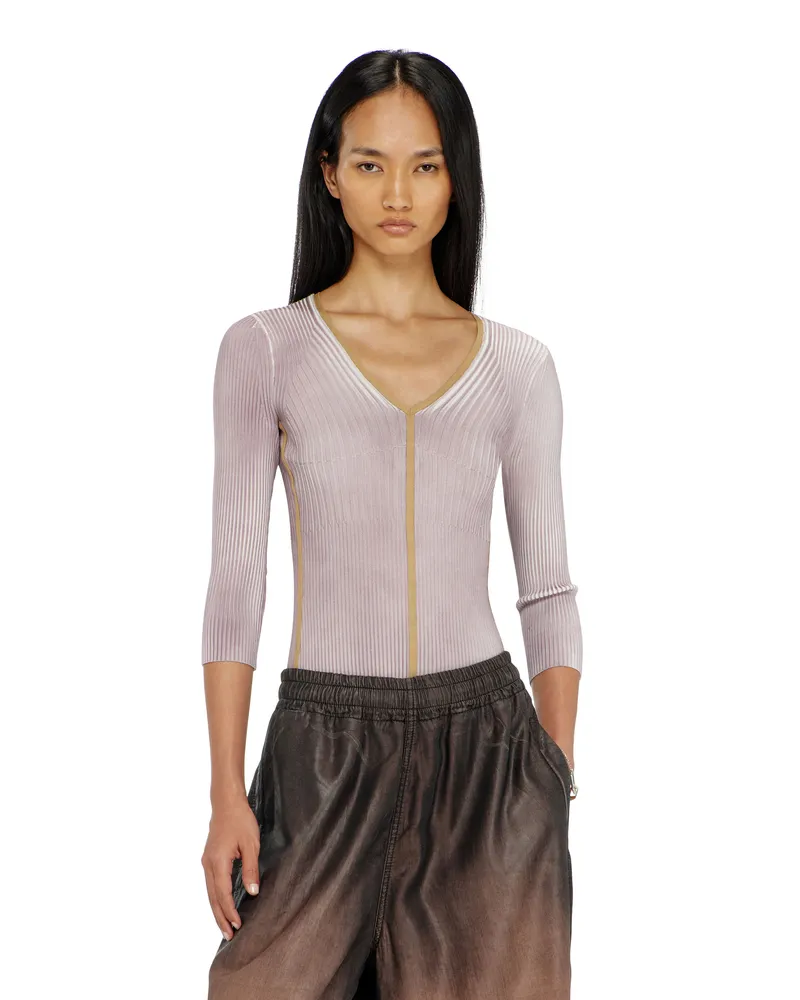 Diesel Gerippter V-Ausschnitt-Pullover mit kontrastierenden Streifen - T-Shirts - Damen - Violett Violett
