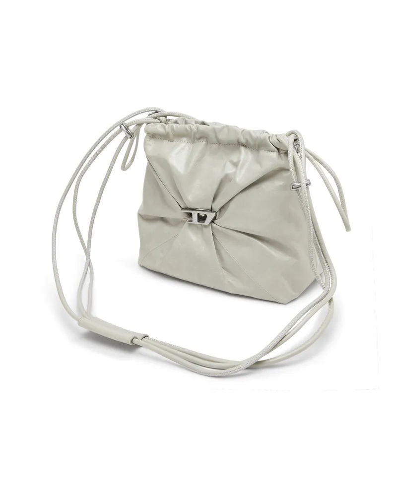 Diesel Scrunch-D-Beuteltasche aus glänzendem zerknittertem Leder - Schultertaschen - Damen - Weiss Weiss