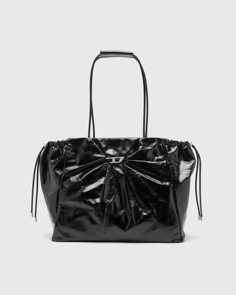 Diesel Scrunch-D - Tote-Bag aus glänzendem, geknittertem Leder - Shoppers - Damen - Schwarz Schwarz