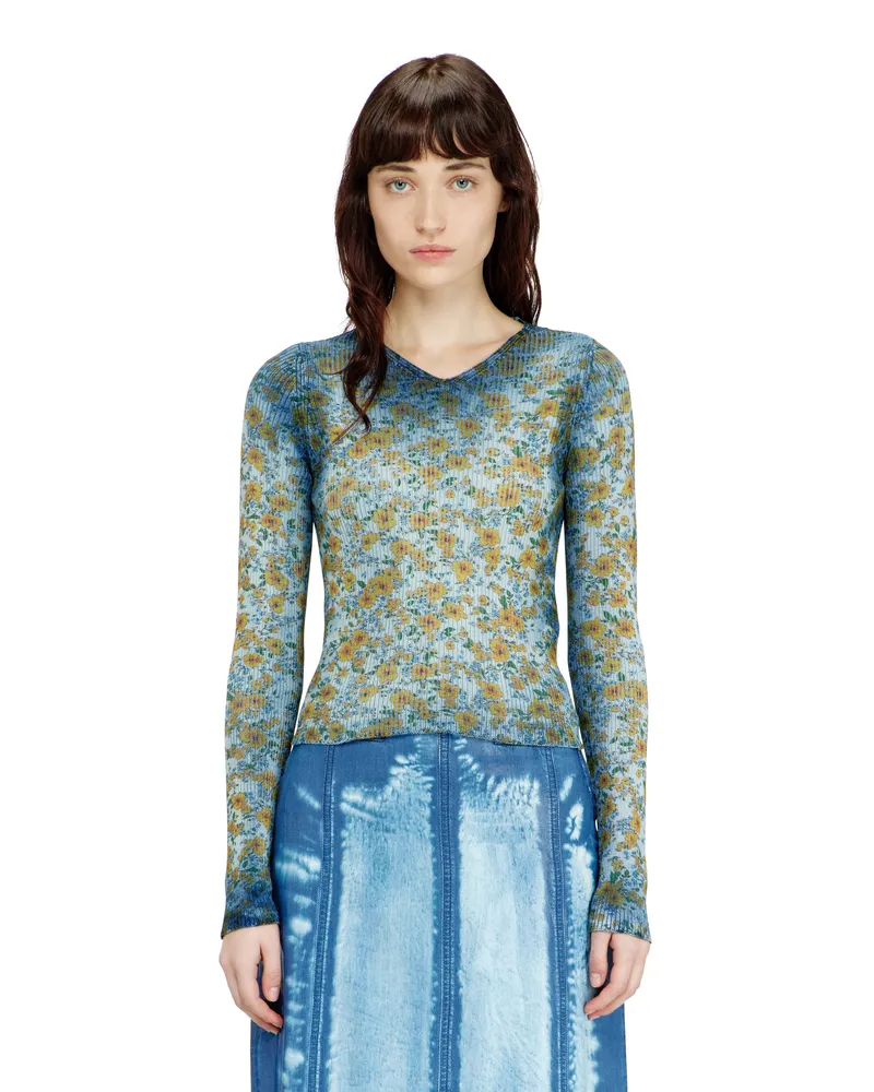 Diesel Rippenstrick-Top mit Blumenmuster im Röntgen-Effekt - T-Shirts - Damen - Blau Blau