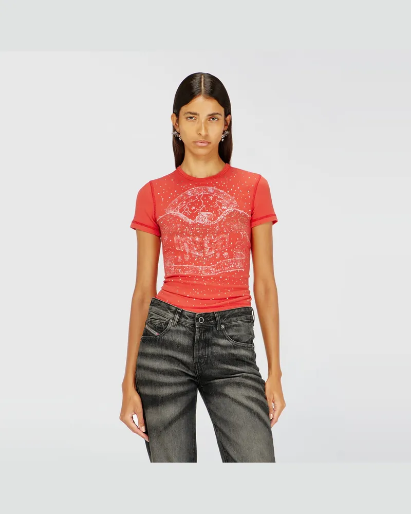 Diesel T-Shirt mit Konzertgrafik und Kristallen - T-Shirts - Damen - Rot Rot