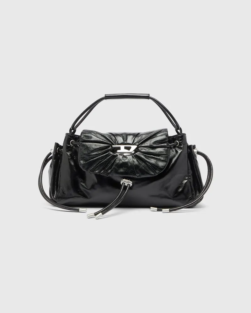 Diesel Scrunch-D - Top-Handle-Tasche aus glänzendem Leder mit Falten - Handtaschen - Damen - Schwarz Schwarz
