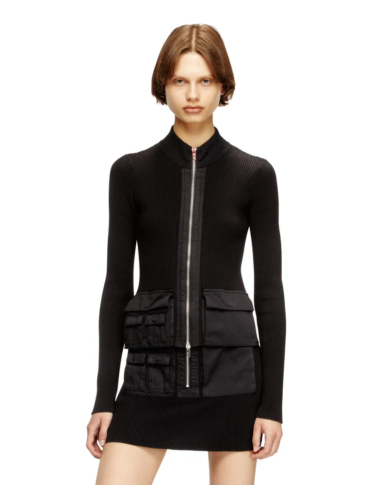 Diesel Geripptes Cardigan mit Cargotaschen - Strickwaren - Damen - Schwarz Schwarz