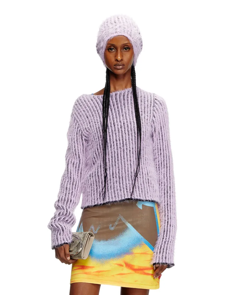 Diesel Flauschiger gestreifter Pullover aus einer Wollmischung - Strickwaren - Damen - Violett Violett