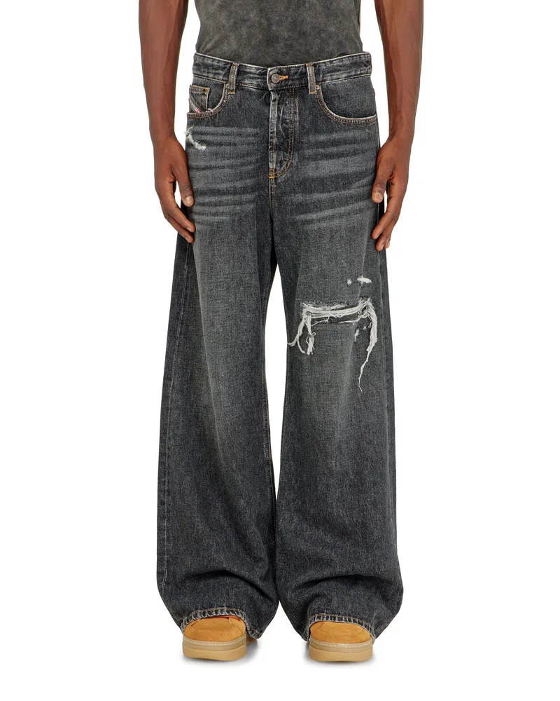 Diesel Relaxed Jeans Low Waist D-Rise, Schwarz/Dunkelgrau, Knopfverschluss Schwarz