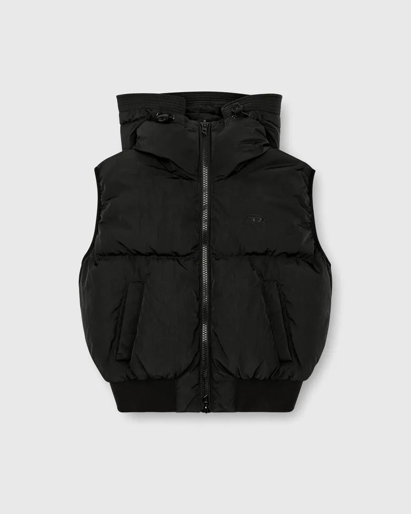 Diesel Daunenweste mit Kapuze aus Nylon in Knitter-Optik - Winterjacken - Damen - Schwarz Schwarz