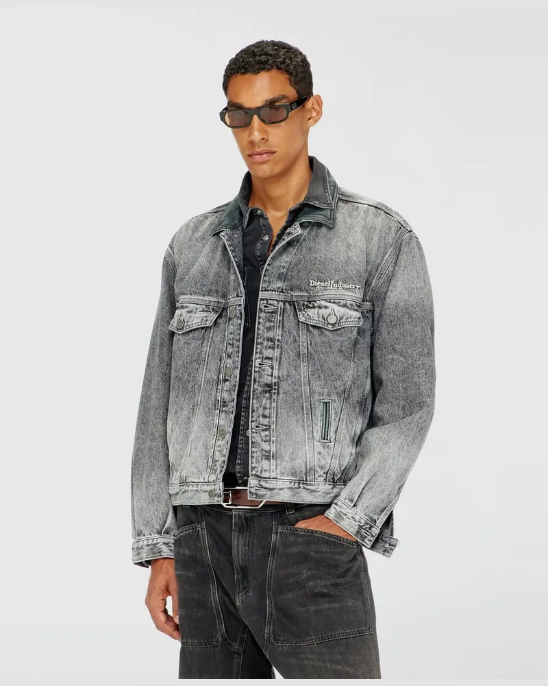 Diesel Denim-Truckerjacke mit tonalen Lederbesätzen - Denim jacken - Unisex - Grau Grau