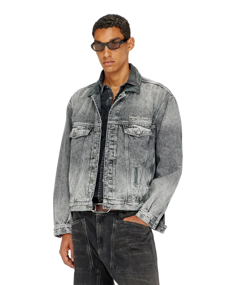 Diesel Denim-Truckerjacke mit tonalen Lederbesätzen - Denim jacken - Unisex - Grau Grau