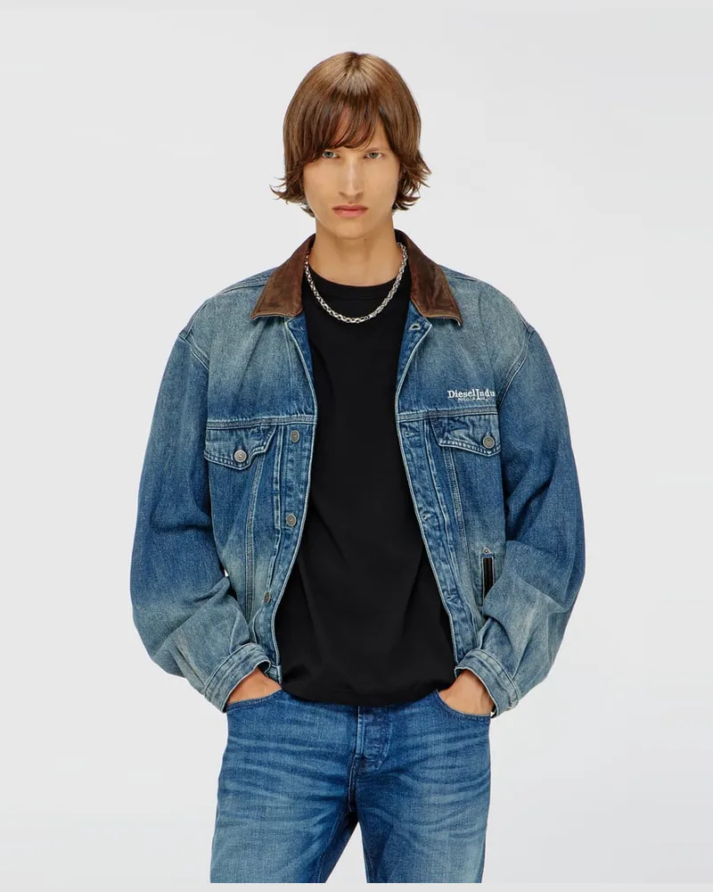Diesel Jeans-Truckerjacke mit kontrastierenden Lederbesätzen - Denim jacken - Unisex - Blau Blau