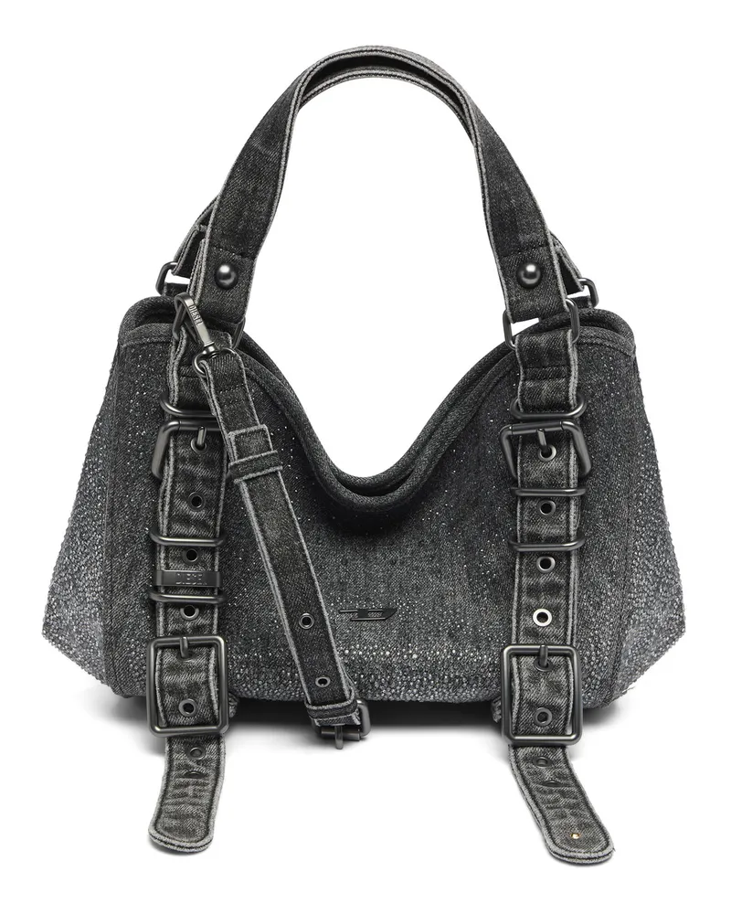 Diesel D-One-Small Henkeltasche aus solarisiertem Denim mit Kristallen - Handtaschen - Damen - Schwarz Schwarz