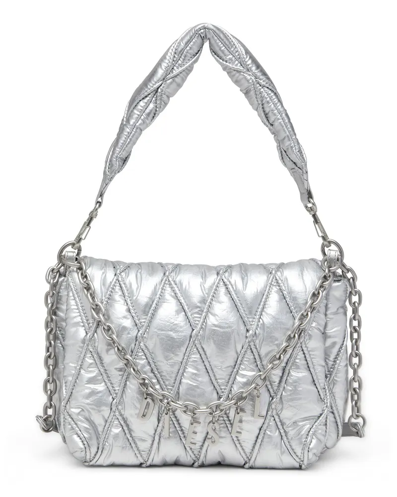 Diesel Charm-D M-Schultertasche aus gestepptem Metallic-Nylon - Schultertaschen - Damen - Silber Silber