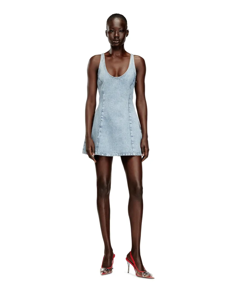 Diesel Kurzes Kleid aus Hahnentritt-Denim mit Kristallen - Kleider - Damen - Blau Blau